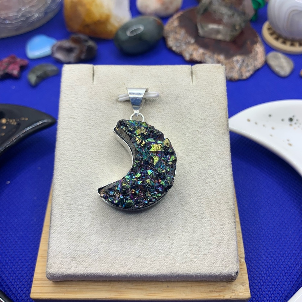 Colorful Titanium Druzy Crescent Moon Pendant w Chain, Handmade!